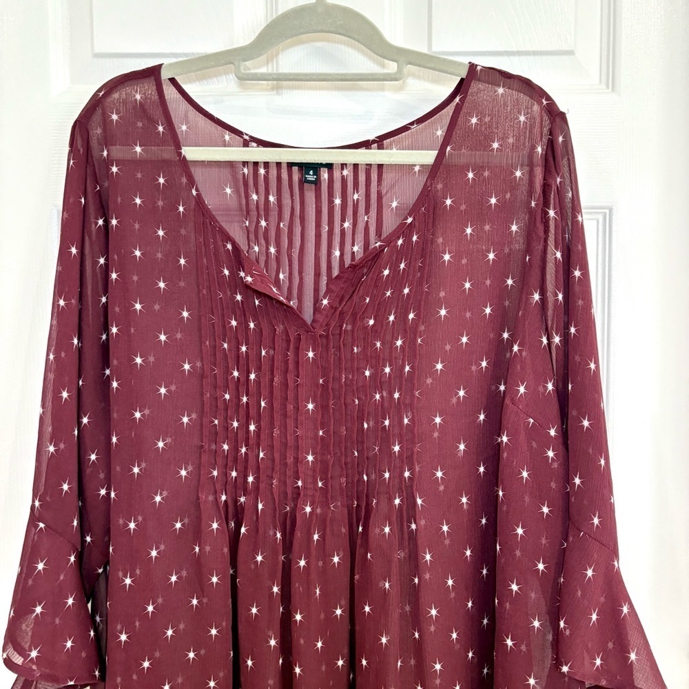 Torrid Pintuck Chiffon Burgundy Dot Star Peasant Sheer Blouse Women Plus Size 4 - Picture 7 of 17